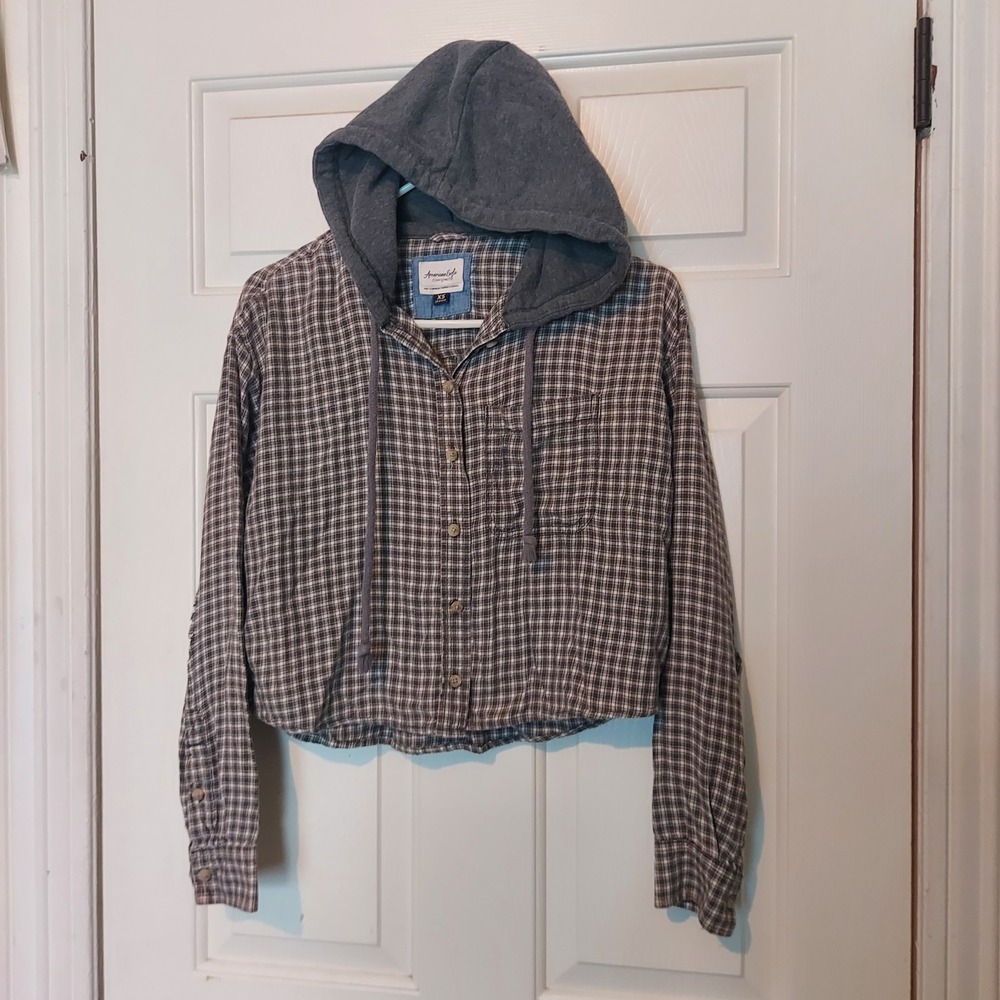 American Eagle Womens XS Brown Plaid Hooded Flannel Shirt Cropped Button Down